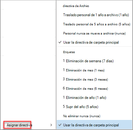 Haz clic con el botón derecho en el mensaje para ver las opciones de asignación de directivas.