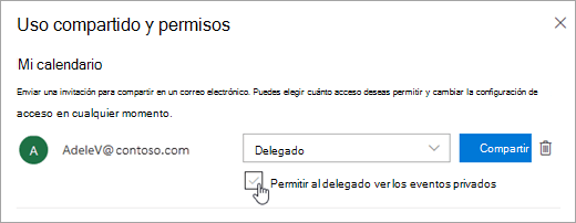 Captura de pantalla de la casilla Permitir que el delegado vea eventos privados
