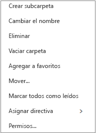 Menú contextual o contextual que aparece al hacer clic con el botón derecho en una carpeta personal