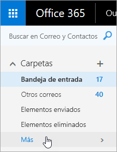 Captura de pantalla del cursor sobre el botón Más en el panel de navegación de Outlook en la Web.