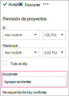 Panel de detalles que muestra el cuadro Asistentes que se va a usar con el Asistente para programación