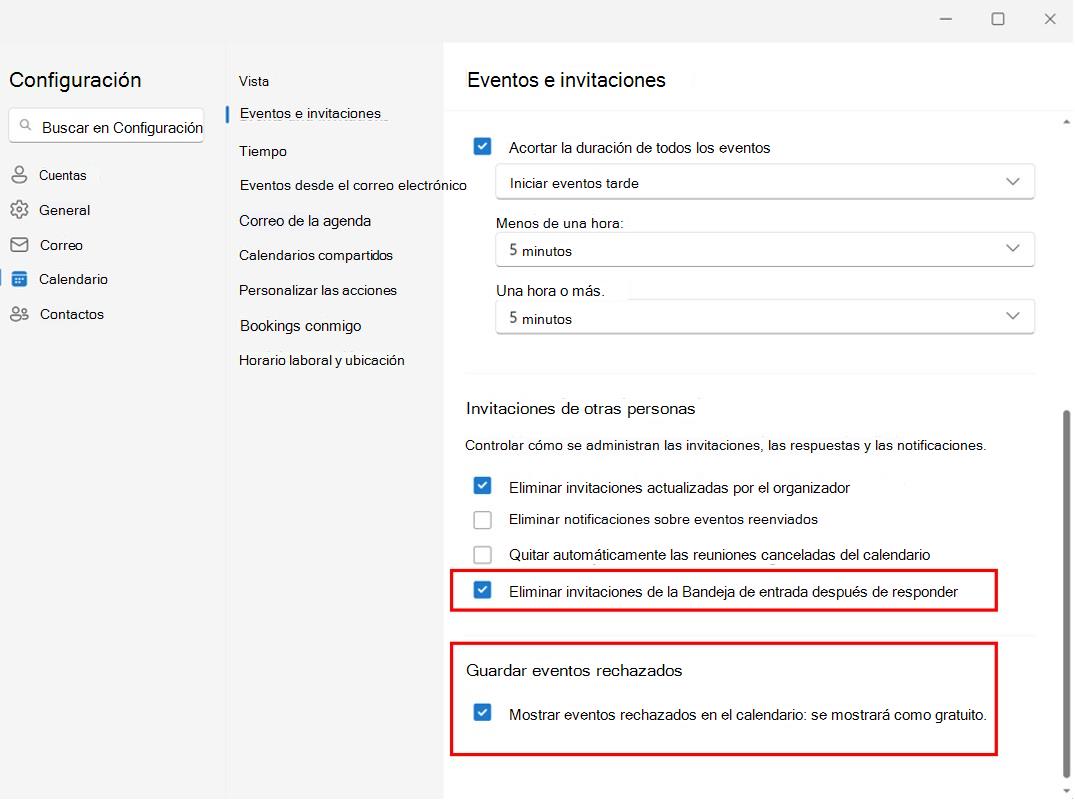 Captura de pantalla que muestra conservar las reuniones rechazadas en el calendario