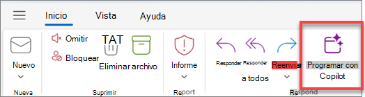 Muestra la barra de herramientas de Outlook con el botón Programación con Copilot resaltado.