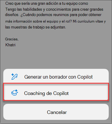 Opción de menú para coaching de Copilot en Outlook para móviles