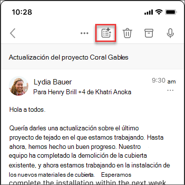 Icono de resumen de Copilot para resumir el hilo de correo electrónico en iOS y Android.