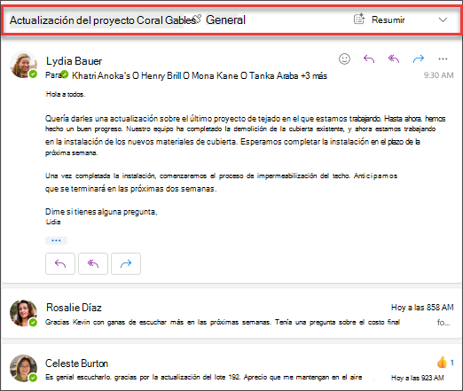Haga clic en Resumir para obtener un resumen de los hilos de correo electrónico por parte de Copilot.