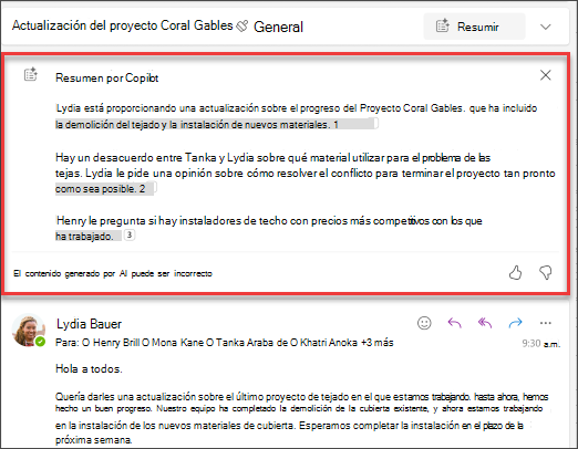 Resumen de hilos de correo electrónico con citas creadas por Copilot.