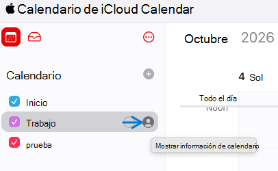Contiene la captura de pantalla o las opciones para compartir el calendario desde el calendario web de iCloud.