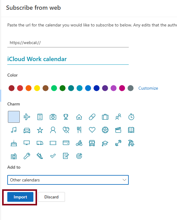Esta es la ventana completa de OWA cuando hacemos clic en Agregar calendario para importar calendario.