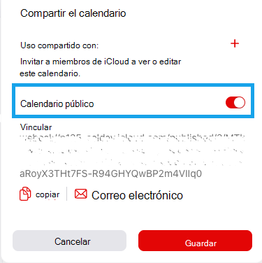 Muestra la ventana del botón de alternancia del calendario público en el sitio web del calendario de iCloud.
