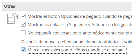 Casilla “Marcar mensajes como leídos cuando se eliminen” en el cuadro de diálogo Opciones de Outlook