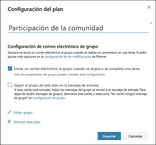 Captura de pantalla: Se muestra la configuración Enviar correo electrónico al grupo de planes... para la configuración del plan