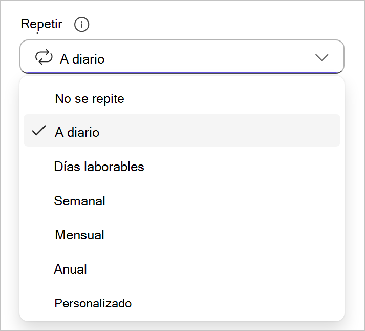 Lista desplegable que muestra las opciones de campo de periodicidad