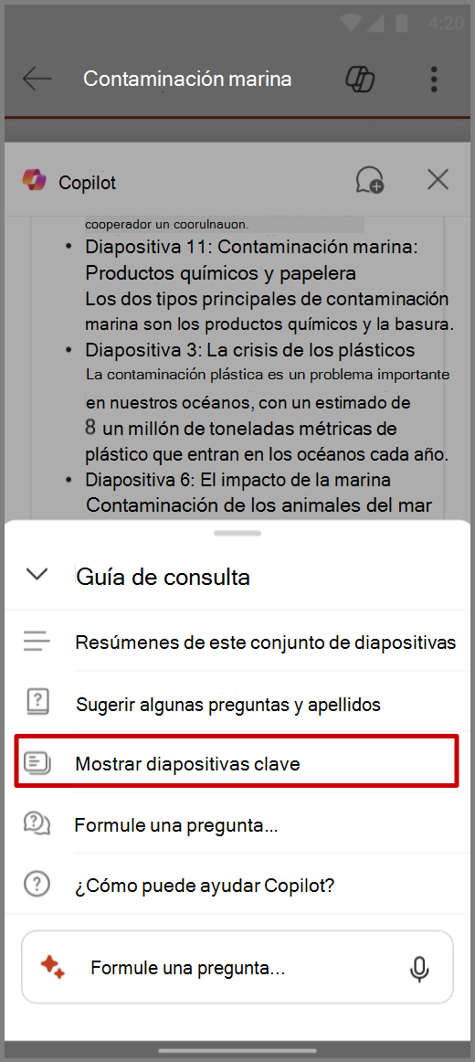 Captura de pantalla de Copilot en PowerPoint en un dispositivo Android con un mensaje de Mostrar diapositivas clave