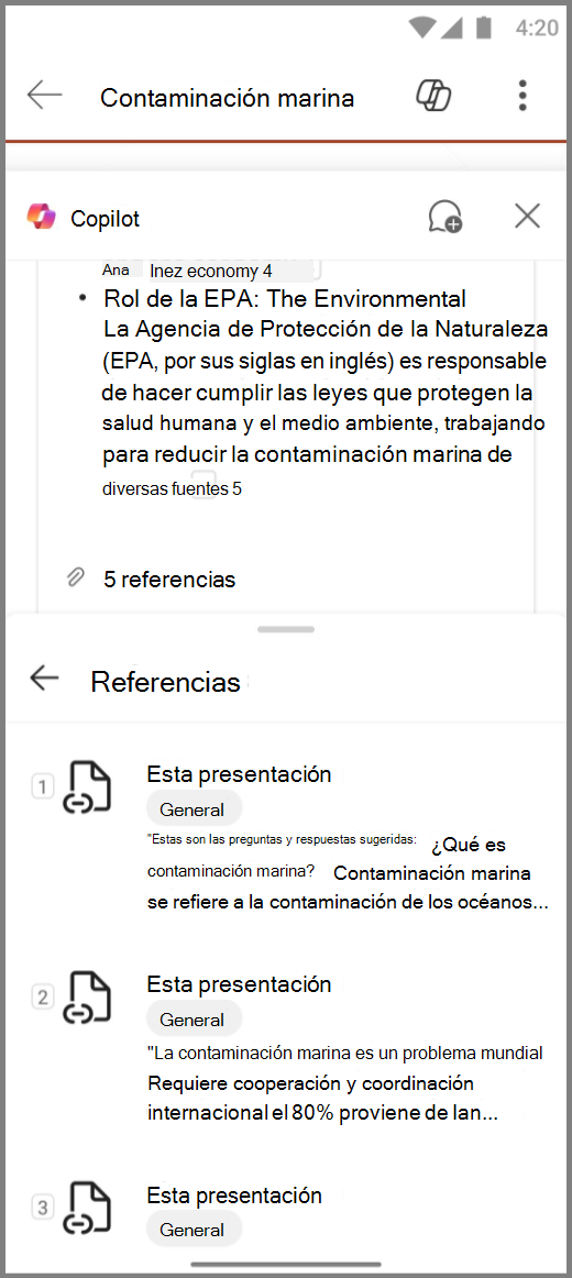Captura de pantalla de Copilot en PowerPoint en un dispositivo Android con referencias para la respuesta Resumir este conjunto de diapositivas