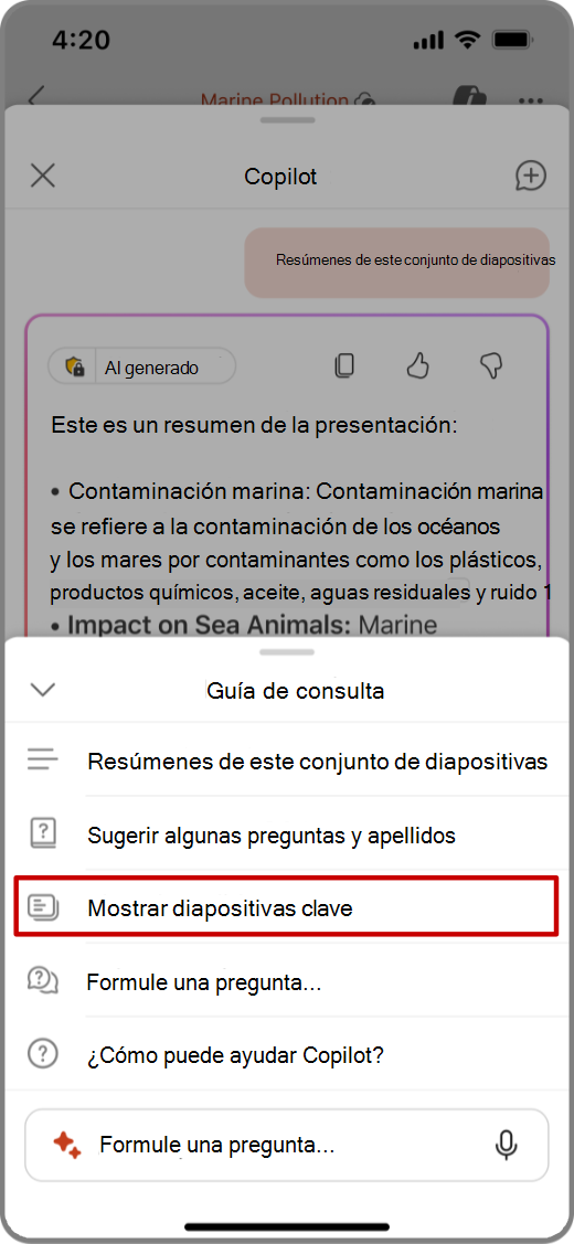Captura de pantalla de Copilot en PowerPoint en un dispositivo iOS con un mensaje de Mostrar diapositivas clave