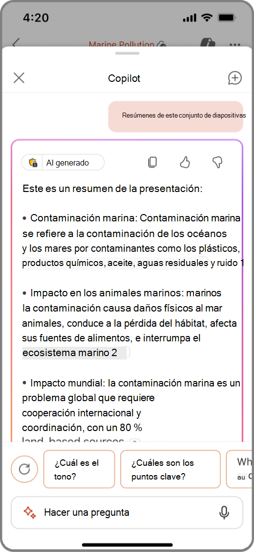 Captura de pantalla de Copilot en PowerPoint en un dispositivo iOS con los resultados de Resumir este conjunto de diapositivas