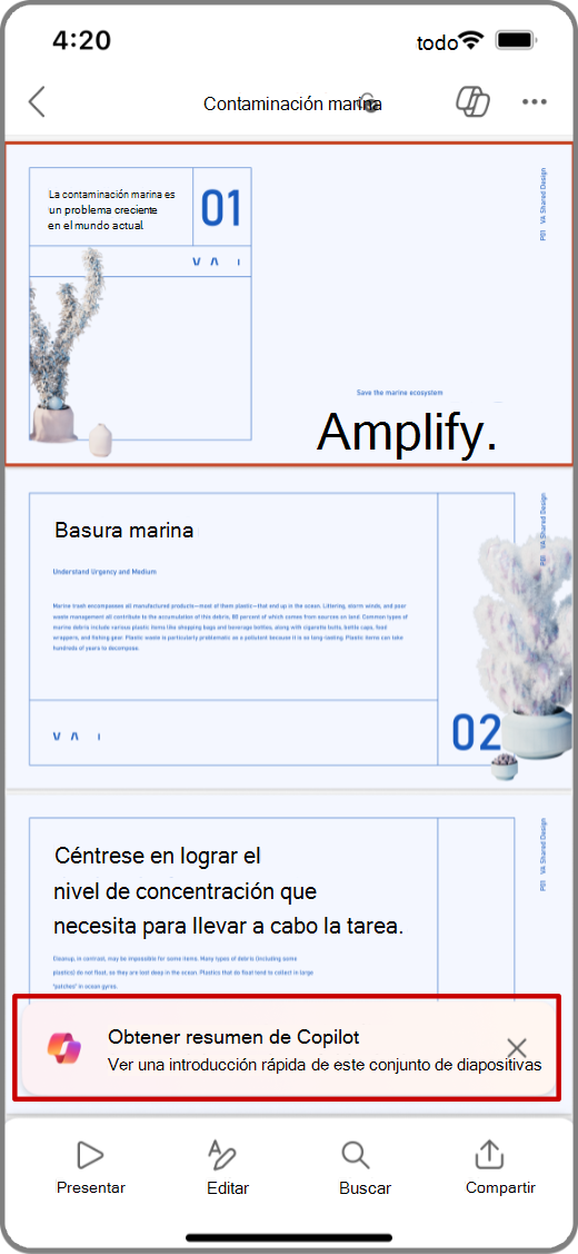 Captura de pantalla del Copilot en PowerPoint en un dispositivo iOS con el mensaje Obtener resumen resaltada