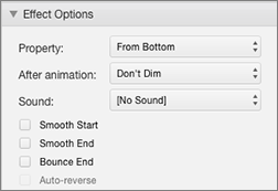 Modificar el comportamiento de la animación con Opciones de efectos en el panel Animaciones