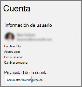El panel Cuenta que muestra el botón Administrar configuración, Privacidad de la cuenta