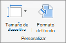 Captura de pantalla en la que se muestra el grupo Personalizar con las opciones de Tamaño de diapositiva y Formato del fondo.
