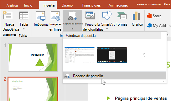 menú desplegable de recorte de pantalla en powerpoint
