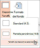 Opción de menú Personalizar tamaño de diapositiva