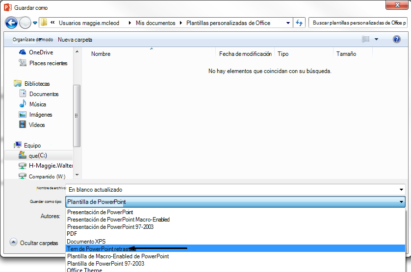 En el cuadro Guardar como tipo, elija Plantilla de PowerPoint.