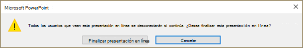 Muestra el cuadro de diálogo para finalizar una presentación de PowerPoint en línea