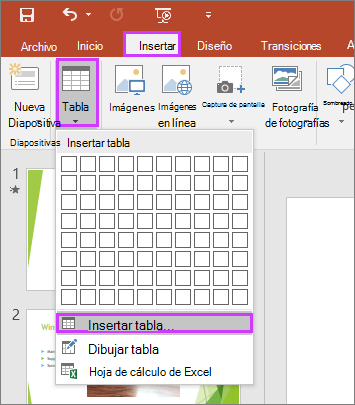 Muestra la opción Tabla en la pestaña Insertar de la cinta de opciones de PowerPoint.