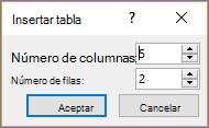 Muestra el diálogo Insertar tabla en PowerPoint.