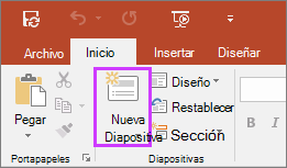 Muestra el botón Nueva diapositiva en la pestaña Inicio de la cinta de opciones de PowerPoint