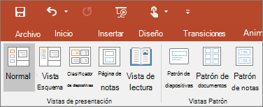 Muestra el menú Vista en PowerPoint.