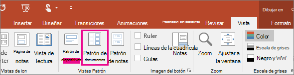 Muestra la Vista Patrón de documentos de PowerPoint.