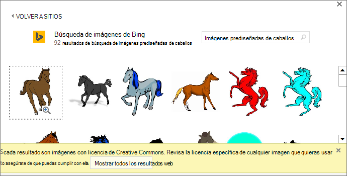 Buscar imágenes prediseñadas de caballos le ofrece una variedad de imágenes bajo una licencia de Creative Commons.