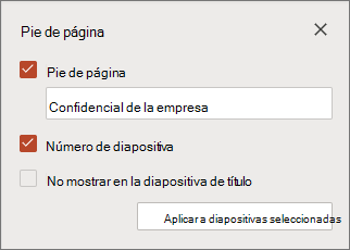Panel de pie de página para PowerPoint para la web para diapositivas seleccionadas