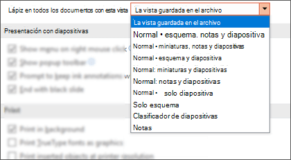 La lista Abrir todos los documentos con esta vista se expandió para que el cliente pueda seleccionar una vista predeterminada.