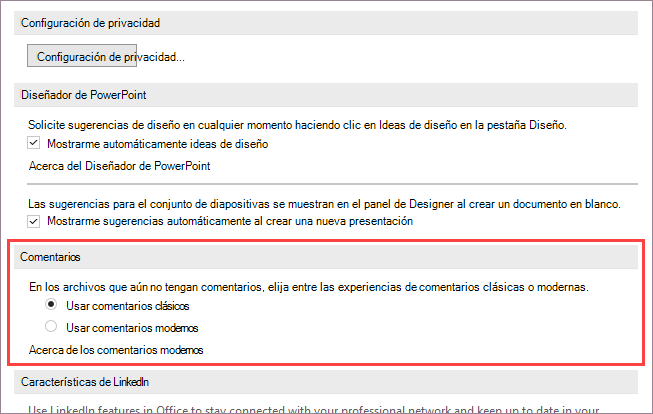 Captura de pantalla que muestra Opciones para comentarios modernos