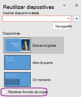 Seleccione la opción Mantener formato de origen si quiere que las diapositivas insertadas mantengan el estilo usado en la presentación original.