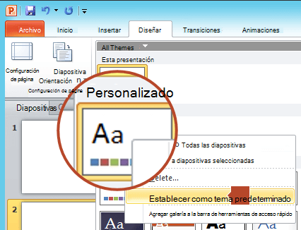 Haga clic con el botón derecho en el nuevo tema que aparece bajo el encabezado Personalizado y, después, elija Establecer como tema predeterminado.