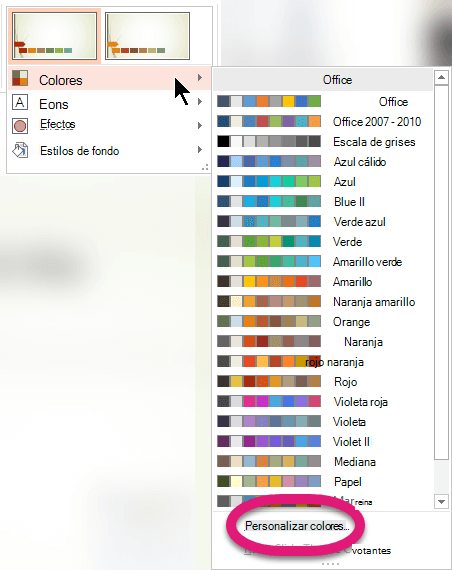 En la parte inferior del menú Colores, seleccione Personalizar colores