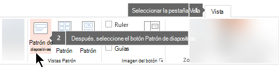 Utilice la pestaña Vista en PowerPoint para cambiar a la vista patrón de diapositivas