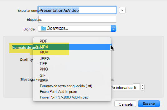 Office 365 los suscriptores pueden exportar una presentación a vídeo como un archivo MP4 o MOV