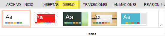 Los temas de diseño se encuentran en la pestaña Diseño de la cinta de opciones