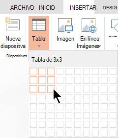 En la pestaña Insertar, seleccione Tabla.