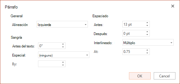 El cuadro de diálogo Párrafo tiene opciones para configurar la alineación horizontal, la sangría en el margen izquierdo y el interlineado.
