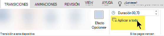 Seleccione Aplicar a todo para usar la transición en todas las diapositivas de la presentación