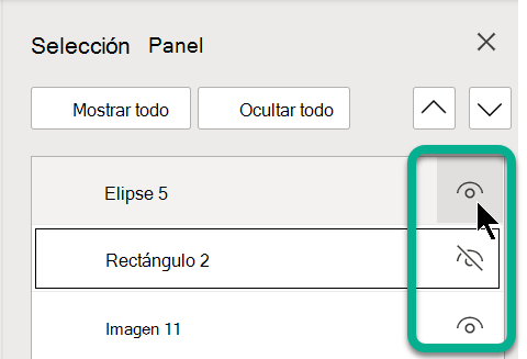 En el panel de selección, use el símbolo del ojo a la derecha de cualquier objeto para mostrarlo u ocultarlo.