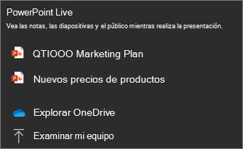 Captura de pantalla de PowerPoint Live menú Compartir que muestra las opciones de archivo y Examinar OneDrive y Examinar mis archivos.