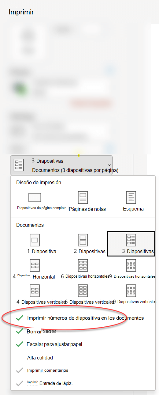 El cuadro de diálogo Imprimir de PowerPoint que muestra la opción de imprimir números de diapositiva en documentos.